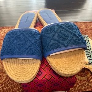 Tory Burch T Monogram Espadrille slides in blue night,  MSRP$248